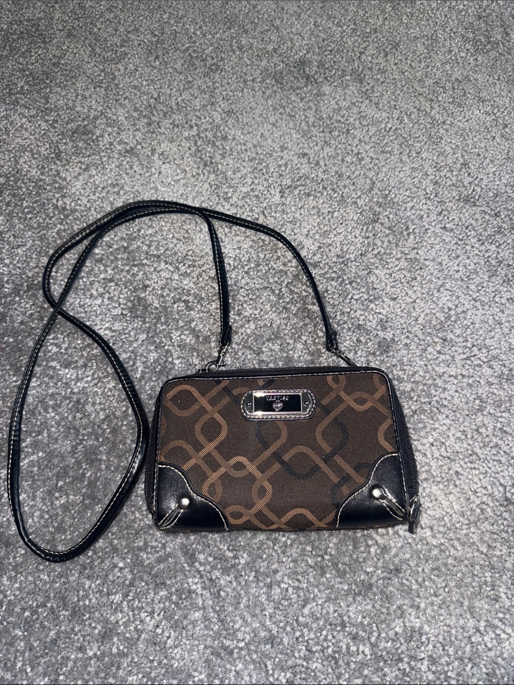 Brown Patterned Crossbody Bag with Black Trim